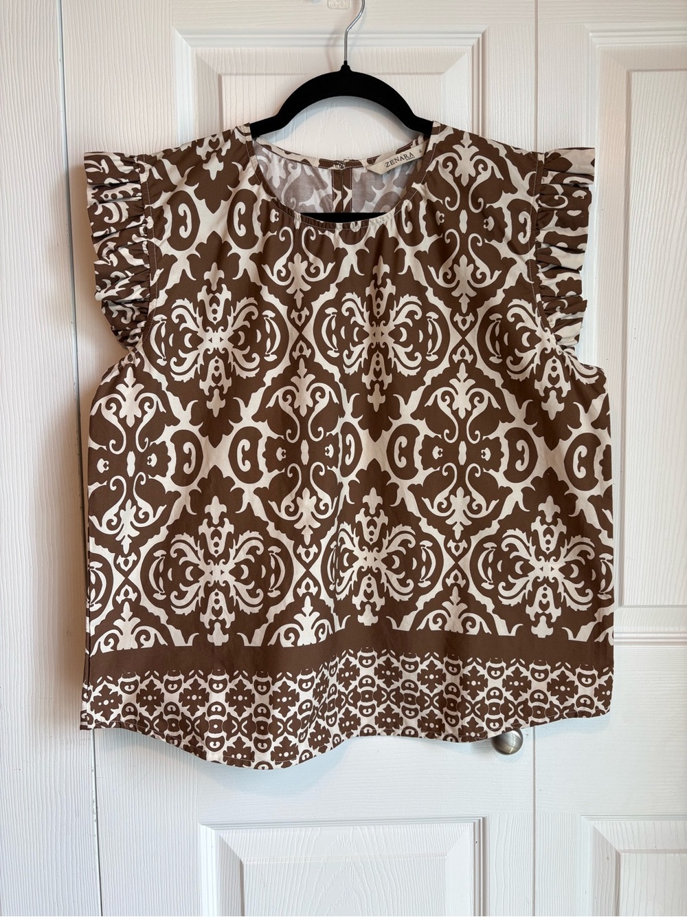 ZENARA Woman Brown Cream Damask Print Flutter Sleeve Blouse Boho Chic Top Large